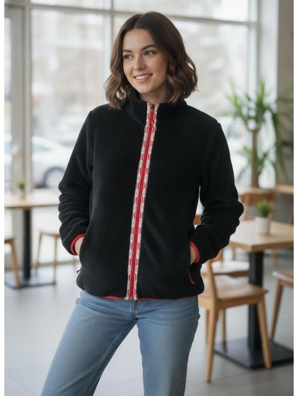 Orvis Navy Full Zip Fleece Jacket with Red Trim Women's L